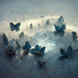 blue butterflies flutter in a frosty mist
