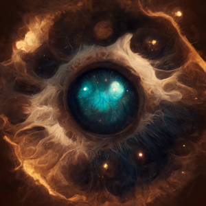 golden nebula in the shape of an eye with a brilliant blue pupil