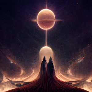 two people in flowing robes, standing in space, surrounded by golden light, under a pair of rose gold planets