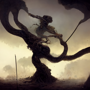 a twisting vine collides with a silhouetted figure