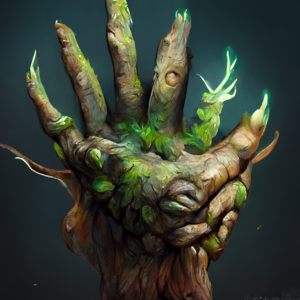 a gnarled hand made of tree bark and covered in moss and leaves