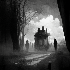 eerie black and white painting of a crypt with people standing still in an open field