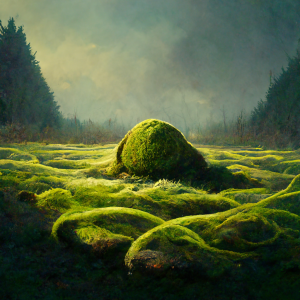 a mossy stone in the middle of a mossy field