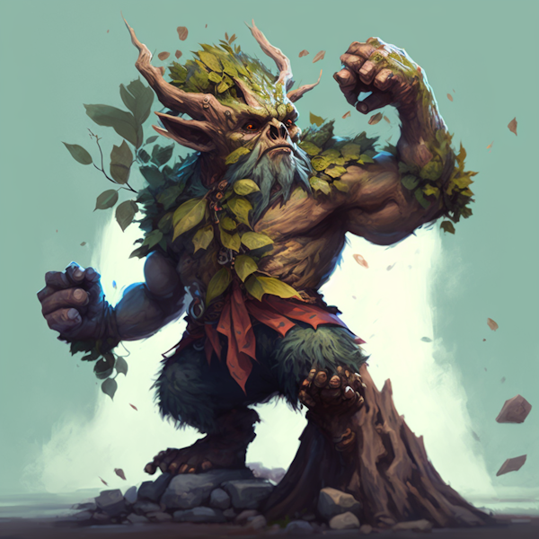 an oaken bauglin stands in the forest with its feet rooted into the earth