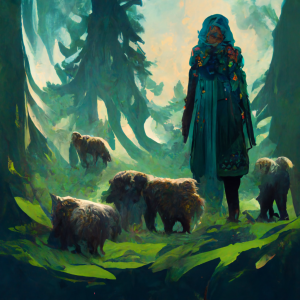 a wild woman and her animals in the forest