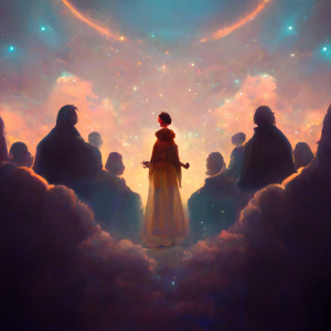a woman stands in the clouds conversing with a host of silhouetted figures