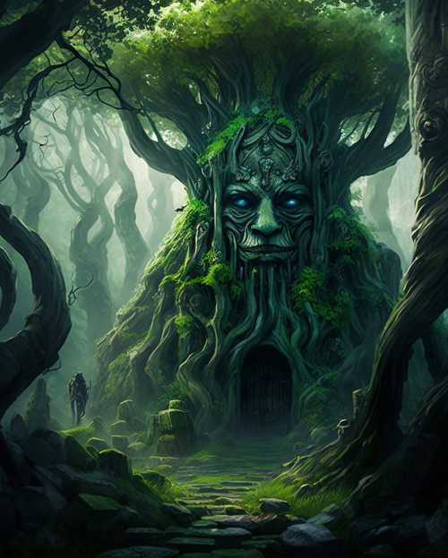 an ancient and wise tree with a dark doorway within its trunk