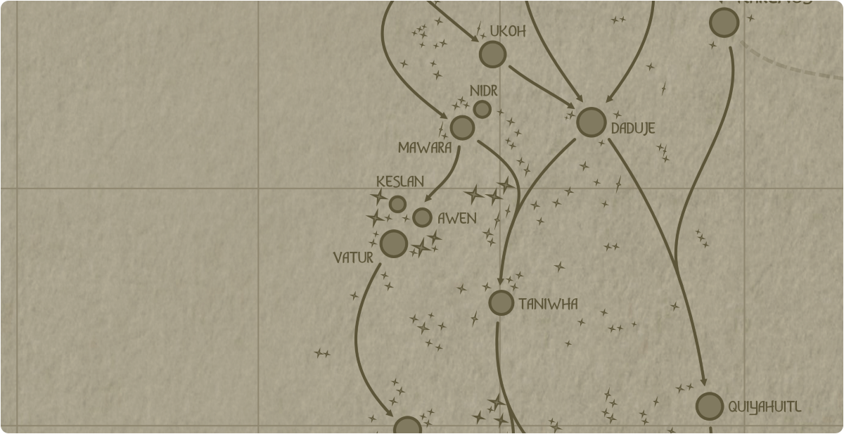 A paper map of the region surrounding the Awen star system A paper map of the region surrounding the Awen star system