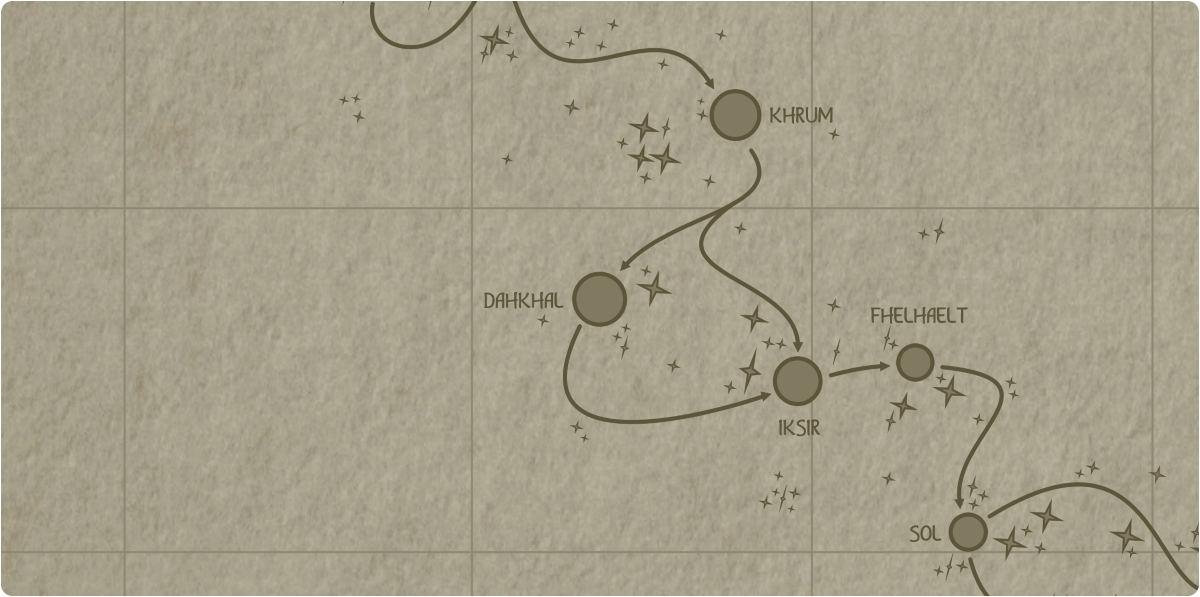 A paper map of the region surrounding the Dahkhal star system A paper map of the region surrounding the Dahkhal star system