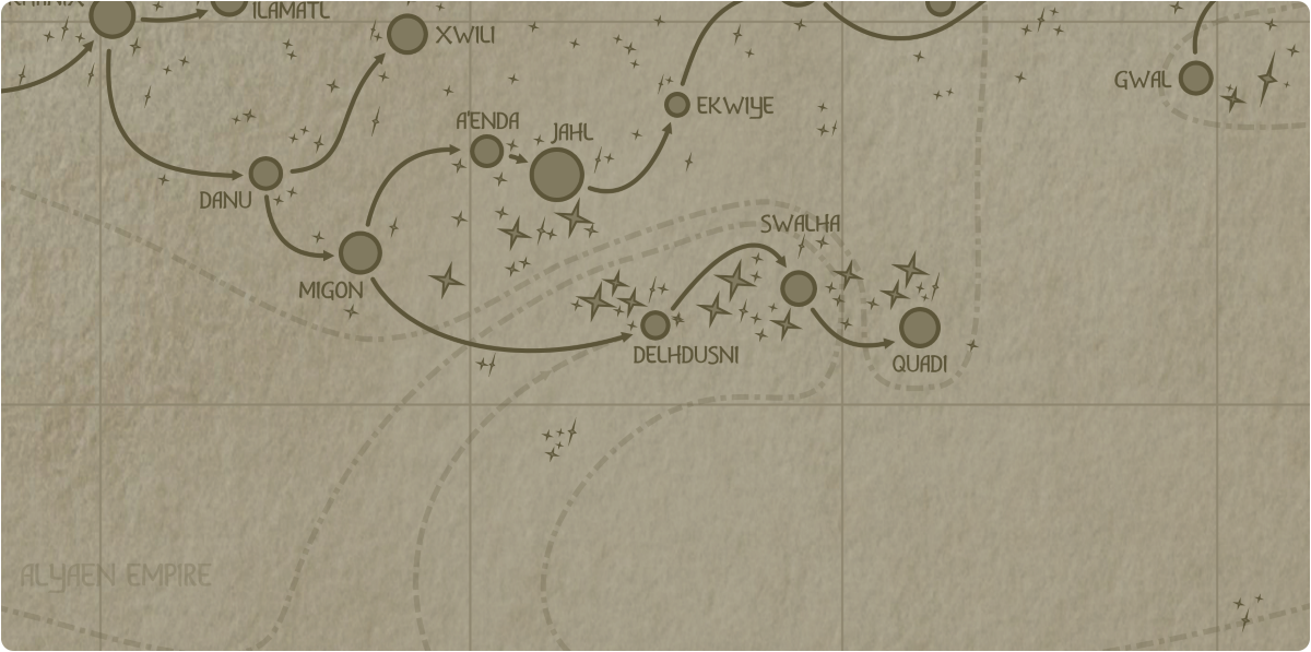 A paper map of the region surrounding the Delhdusni star system A paper map of the region surrounding the Delhdusni star system