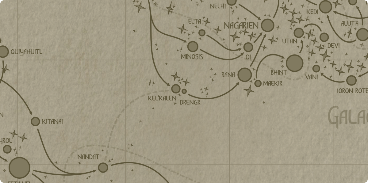 A paper map of the region surrounding the Drengr star system A paper map of the region surrounding the Drengr star system