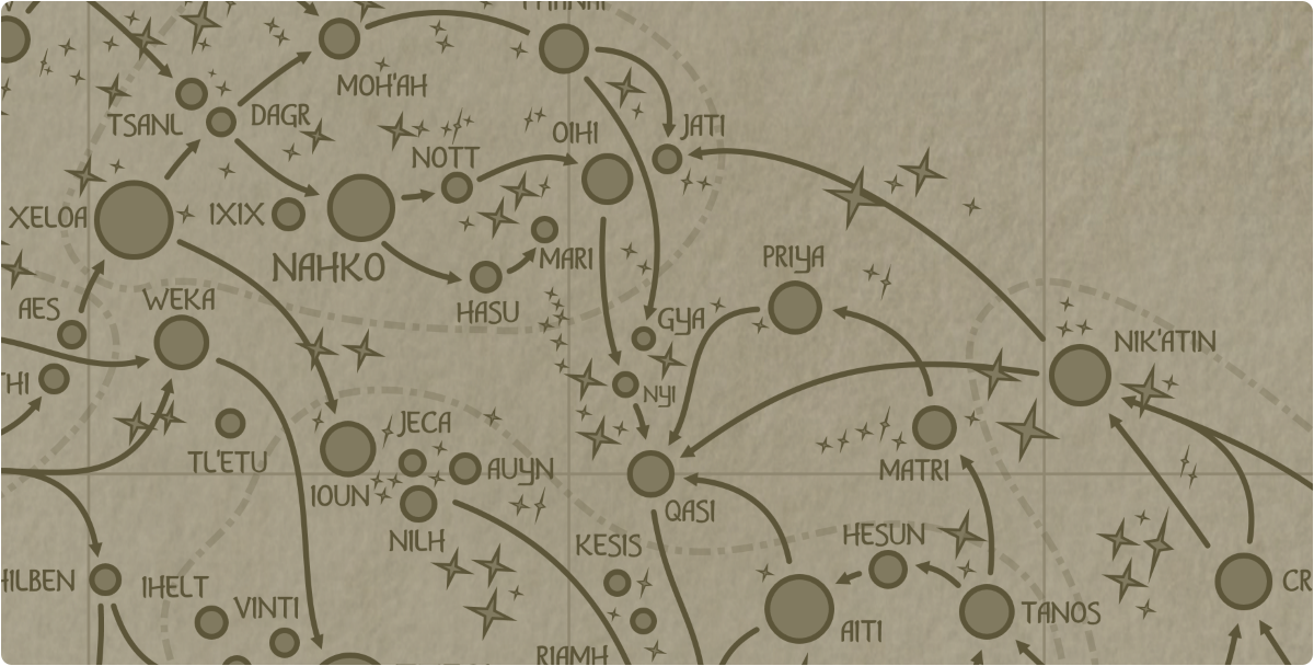 A paper map of the region surrounding the Gya star system A paper map of the region surrounding the Gya star system