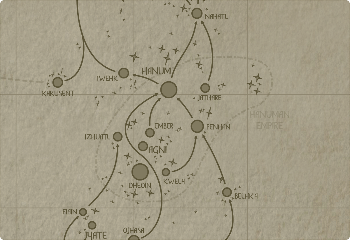 A paper style map that outlines the boundaries of the Hanuman Empire A paper style map that outlines the boundaries of the Hanuman Empire