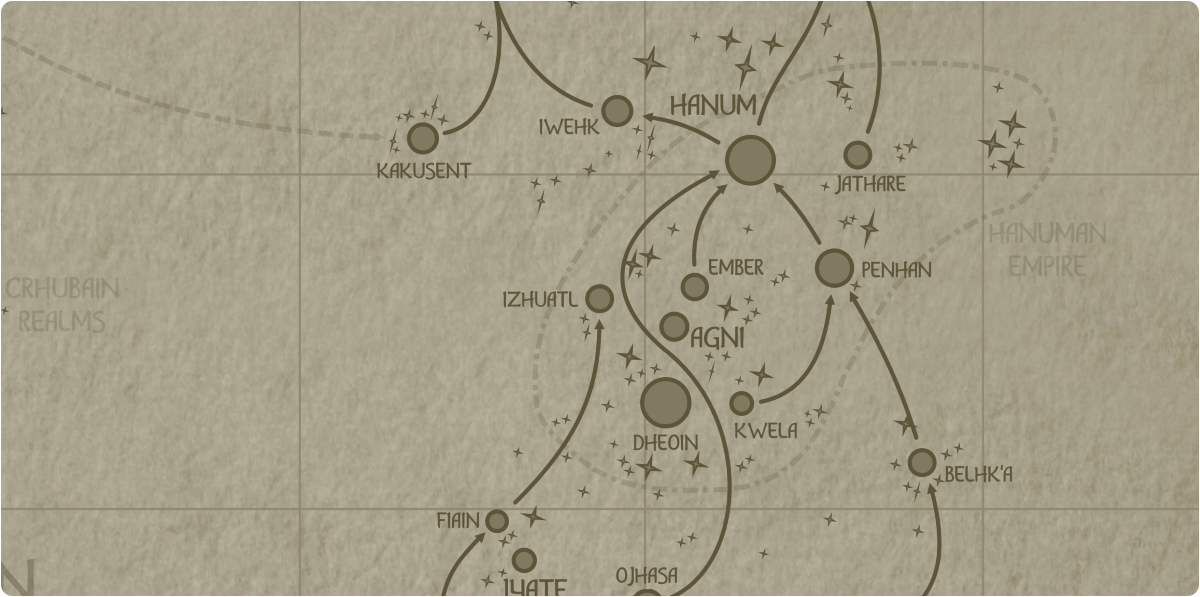 A paper map of the region surrounding the Izhuatl star system A paper map of the region surrounding the Izhuatl star system
