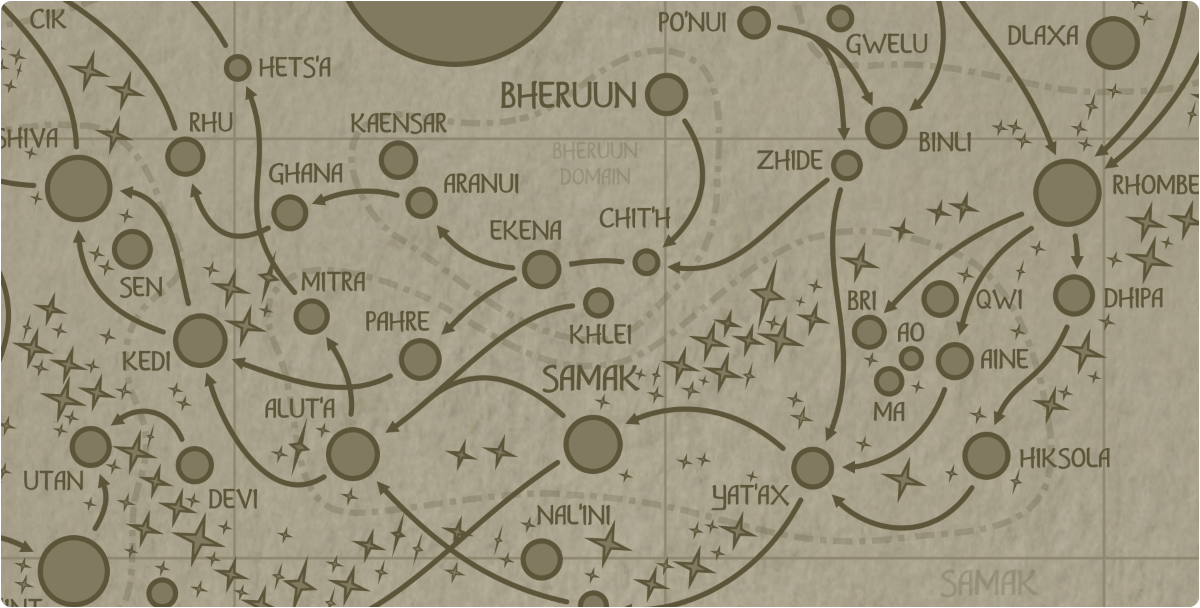 A paper map of the region surrounding the Khlei star system A paper map of the region surrounding the Khlei star system