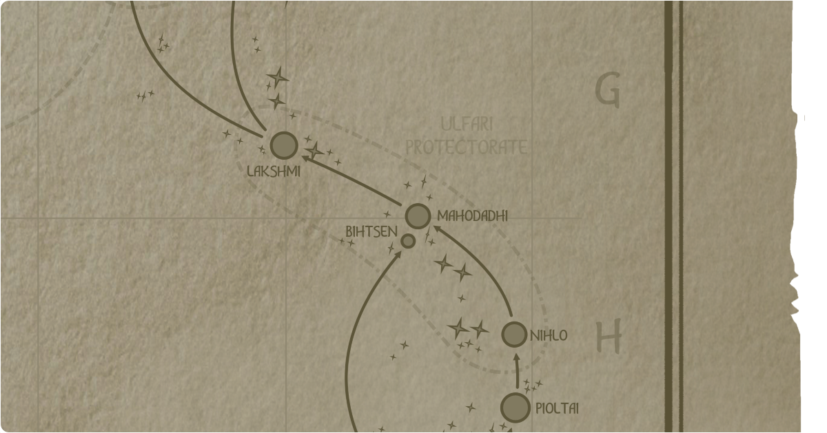 A paper map of the region surrounding the Mahodadhi star system A paper map of the region surrounding the Mahodadhi star system