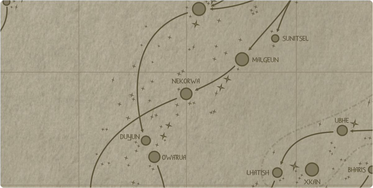 A paper map of the region surrounding the Nekorwa star system A paper map of the region surrounding the Nekorwa star system