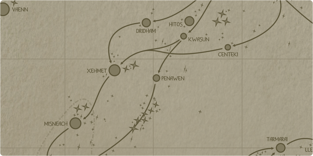 A paper map of the region surrounding the Penawen star system A paper map of the region surrounding the Penawen star system