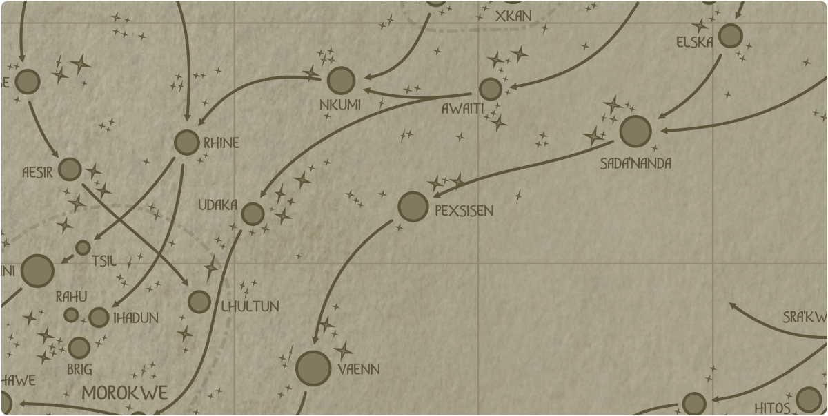 A paper map of the region surrounding the Pexsisen star system A paper map of the region surrounding the Pexsisen star system