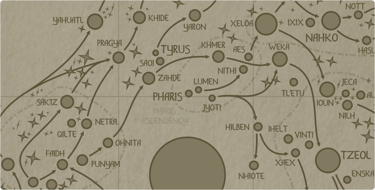A paper map of the region surrounding the Pharis star system A paper map of the region surrounding the Pharis star system