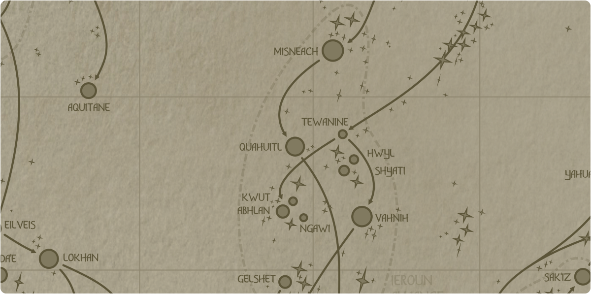 A paper map of the region surrounding the Quahuitl star system A paper map of the region surrounding the Quahuitl star system