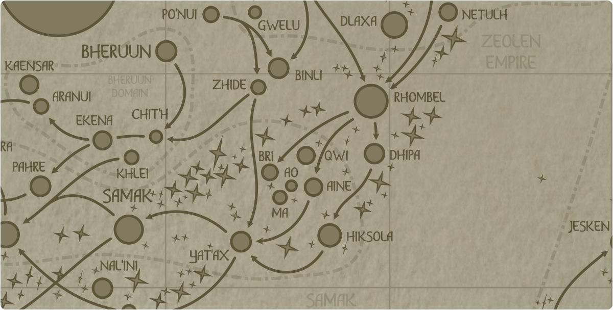 A paper map of the region surrounding the Qwi star system A paper map of the region surrounding the Qwi star system