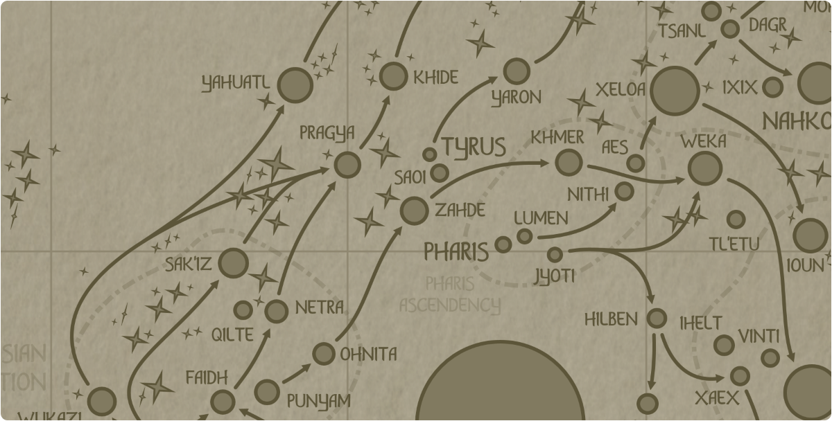 A paper map of the region surrounding the Saoi star system A paper map of the region surrounding the Saoi star system