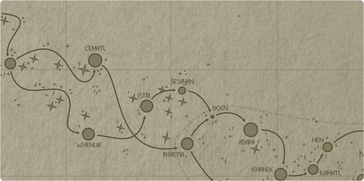 A paper map of the region surrounding the Sesayan star system A paper map of the region surrounding the Sesayan star system
