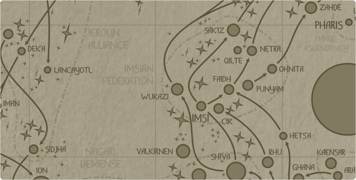 A paper map of the region surrounding the Wukazi star system A paper map of the region surrounding the Wukazi star system