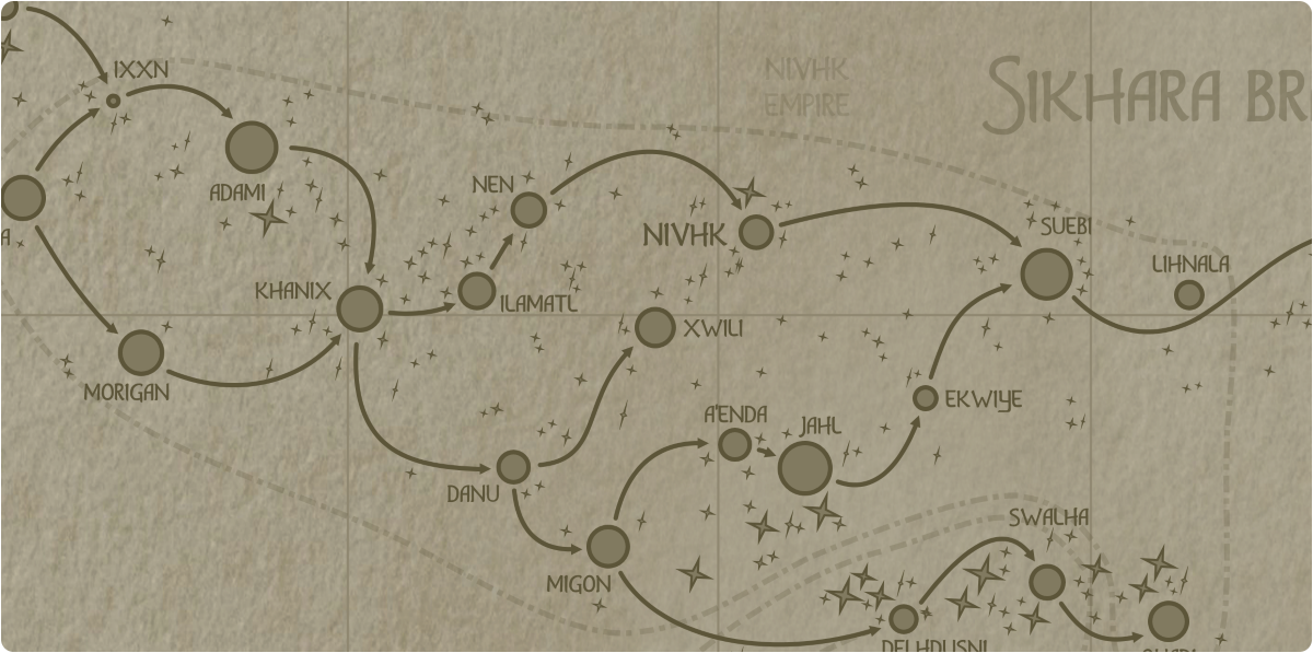 A paper map of the region surrounding the Xwili star system A paper map of the region surrounding the Xwili star system