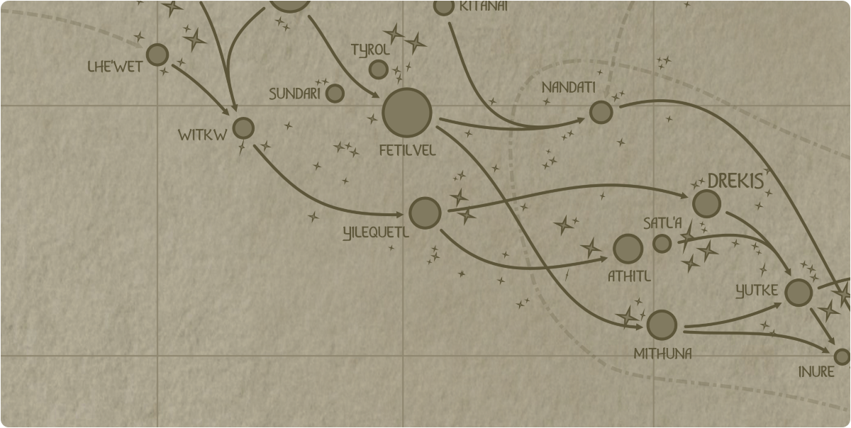 A paper map of the region surrounding the Yilequetl star system A paper map of the region surrounding the Yilequetl star system