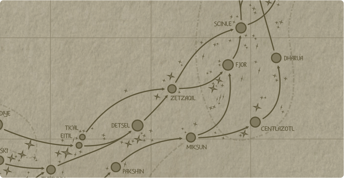 A paper map of the region surrounding the Zetzaqil star system A paper map of the region surrounding the Zetzaqil star system