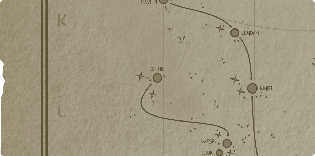 A paper map of the region surrounding the Zhur star system A paper map of the region surrounding the Zhur star system
