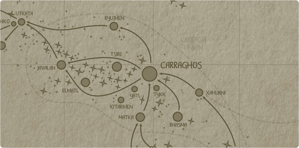A paper map of the region surrounding the Carraghos star system A paper map of the region surrounding the Carraghos star system