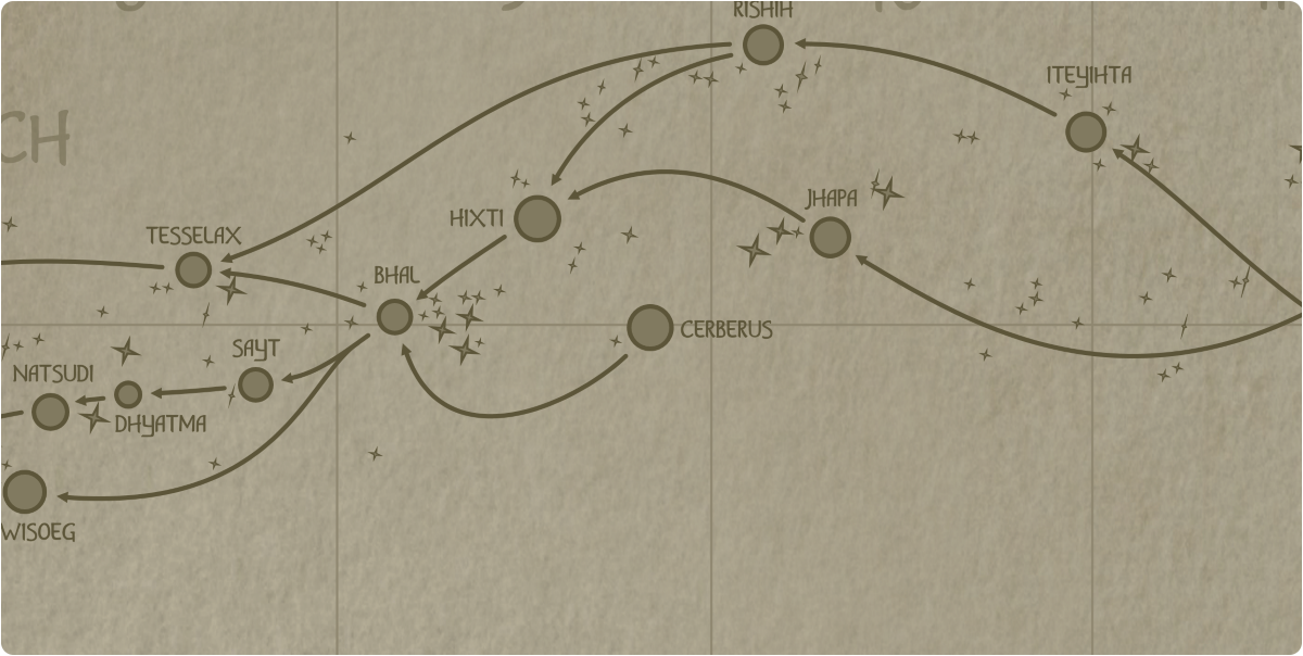 A paper map of the region surrounding the Cerberus star system A paper map of the region surrounding the Cerberus star system