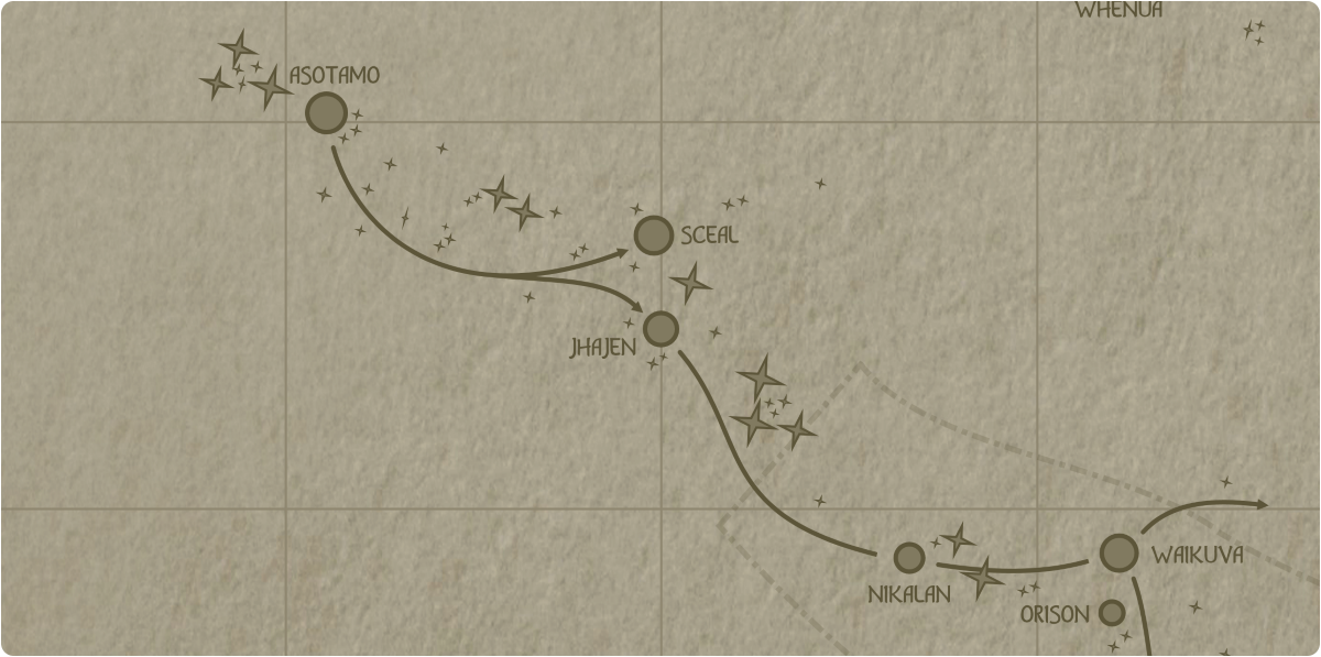 A paper map of the region surrounding the Jhajen star system A paper map of the region surrounding the Jhajen star system