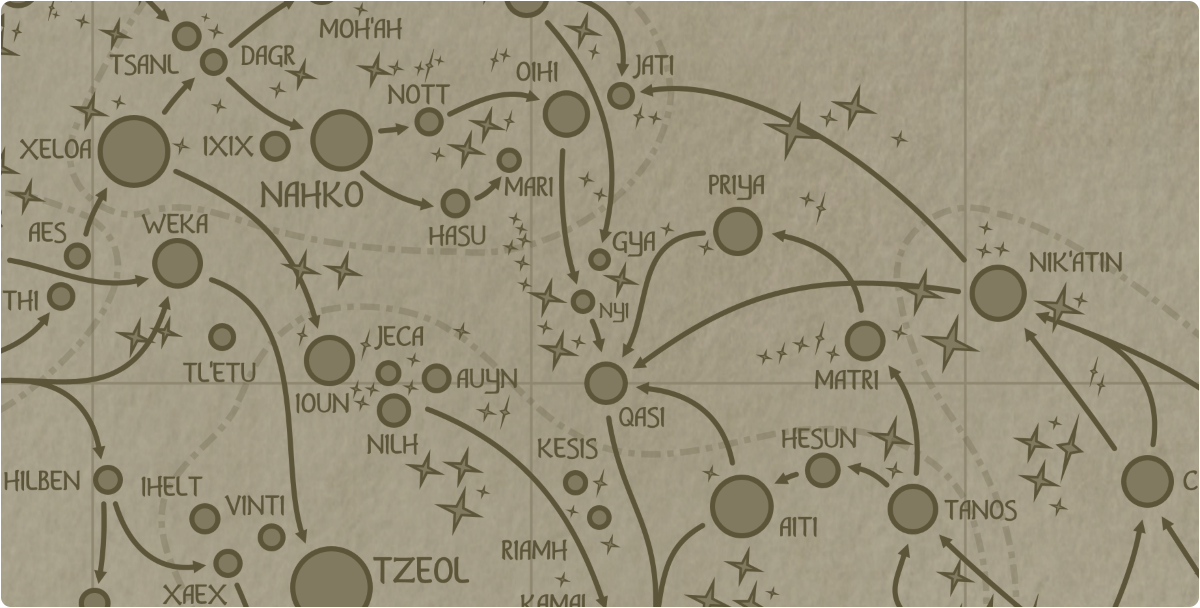 A paper map of the region surrounding the Nyi star system A paper map of the region surrounding the Nyi star system