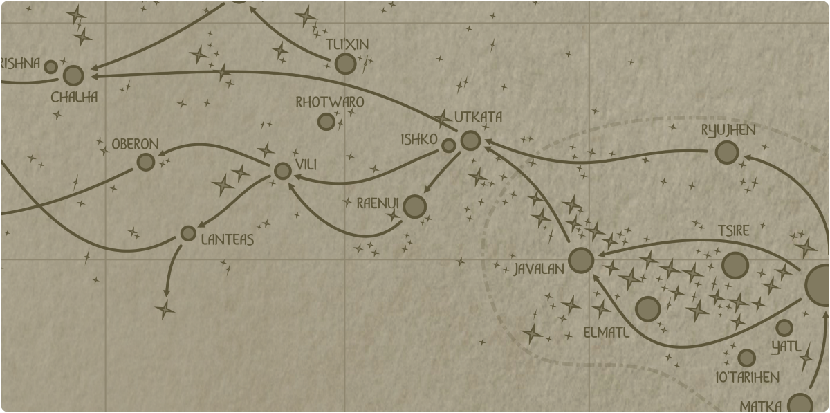 A paper map of the region surrounding the Raenui star system A paper map of the region surrounding the Raenui star system