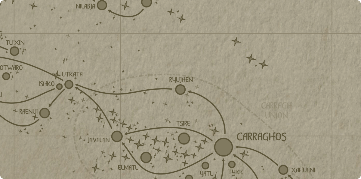 A paper map of the region surrounding the Ryujhen star system A paper map of the region surrounding the Ryujhen star system