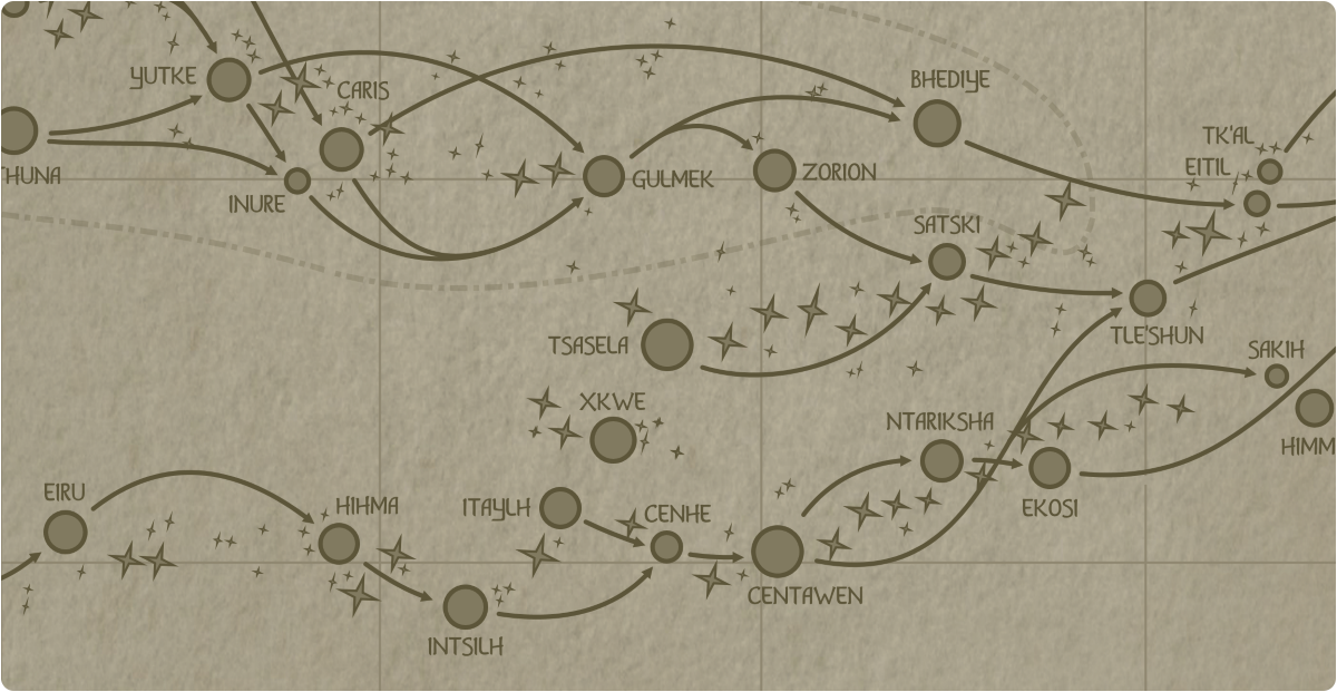 A paper map of the region surrounding the Tsasela star system A paper map of the region surrounding the Tsasela star system