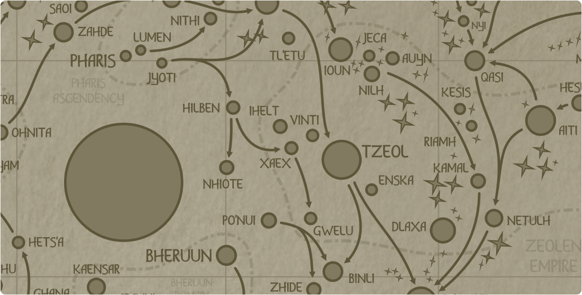 A paper map of the region surrounding the Xaex star system A paper map of the region surrounding the Xaex star system