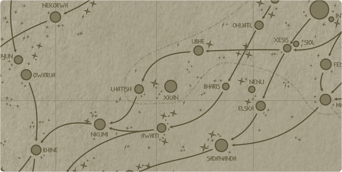 A paper map of the region surrounding the Xkan star system A paper map of the region surrounding the Xkan star system