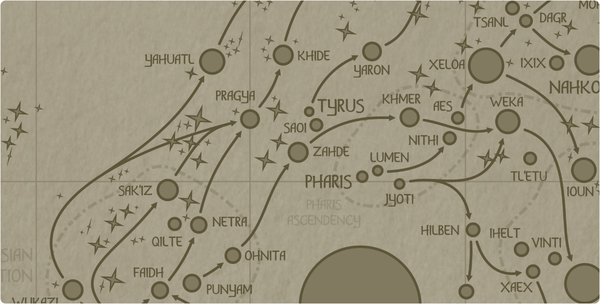 A paper map of the region surrounding the Zahde star system A paper map of the region surrounding the Zahde star system