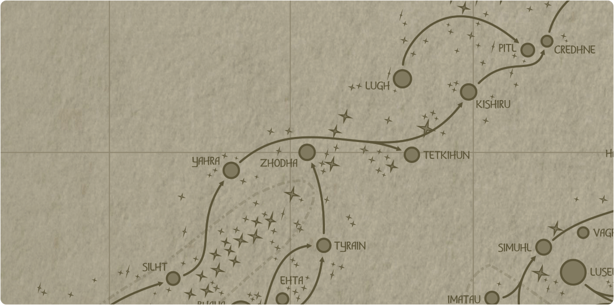 A paper map of the region surrounding the Zhodha star system A paper map of the region surrounding the Zhodha star system