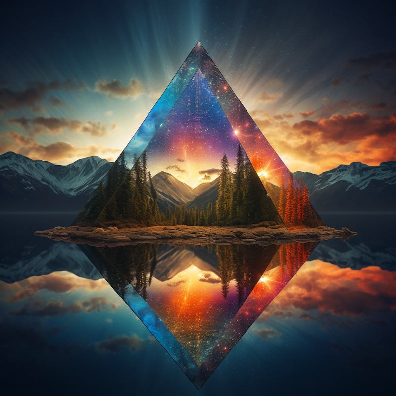 A triangular window filters the the light from an island lake deep in the mountains