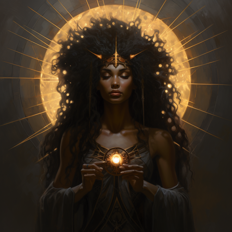 A prism creates a ring of light around her head