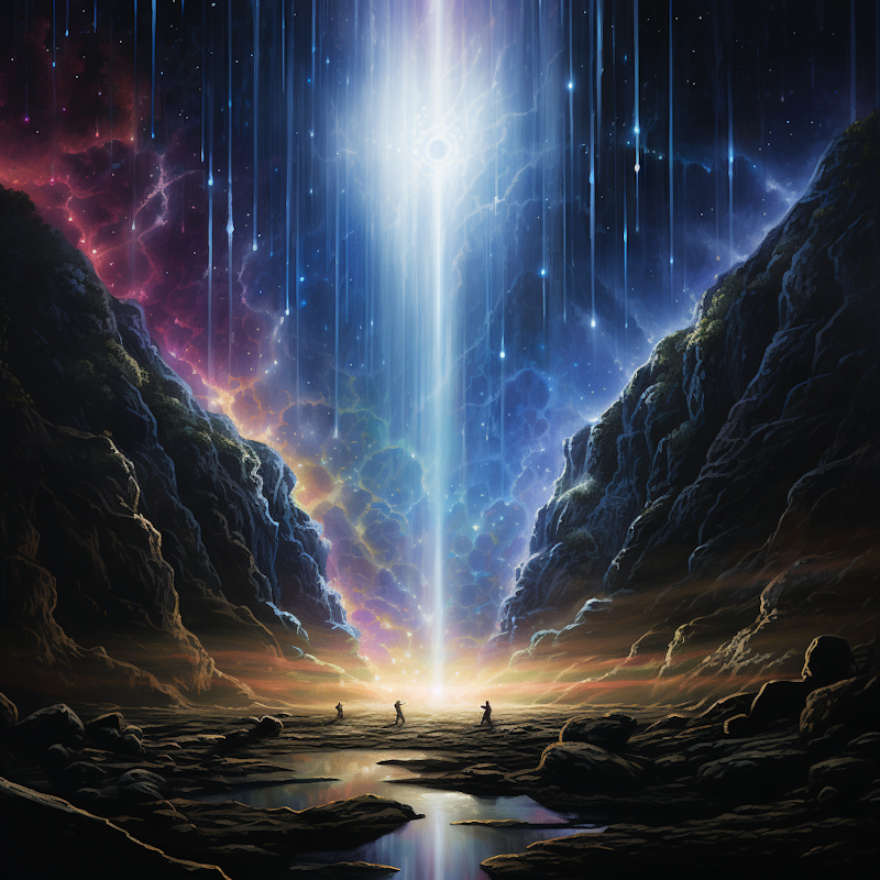 A beam of prismatic light descends from the cosmos, surrounded by many smaller beams
