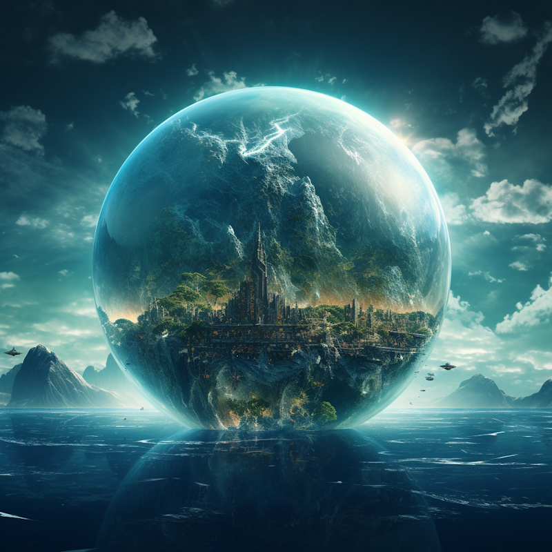 A circular glass lens shows the details of a far off forest city