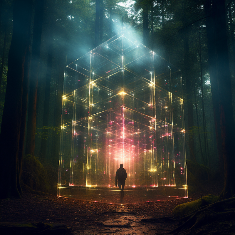 a cube of prismatic light in the forest obscures the contents inside