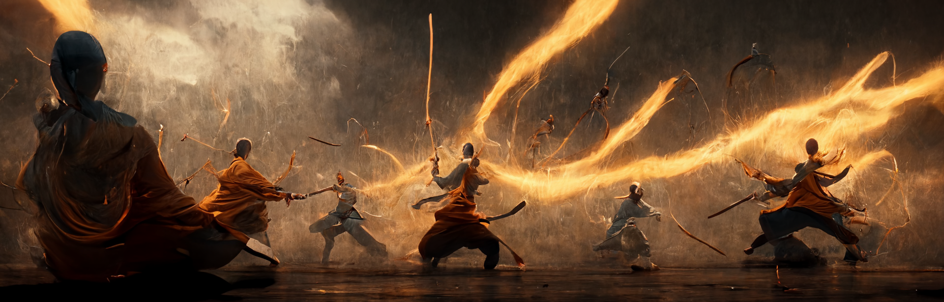 monks clashing with blue and yellow fire in a dramatic combat scene, abstract styling